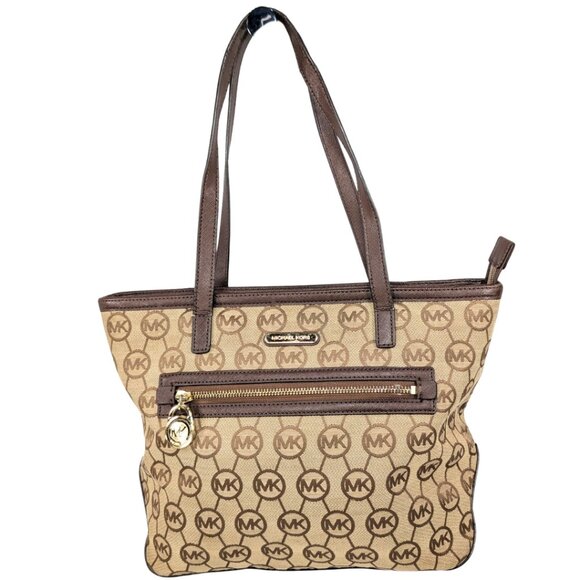 Michael Kors Brown Canvas Jacquard Kempton Jet Set Signature Small Zip Tote - Picture 1 of 10